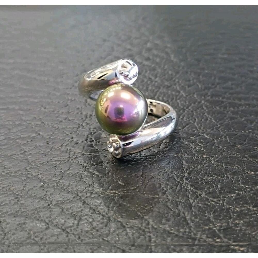 SILVER TONE RING SIZE 8 FAUX BLACK TAHITIAN PEARL 10.8 mm Bypass Ring